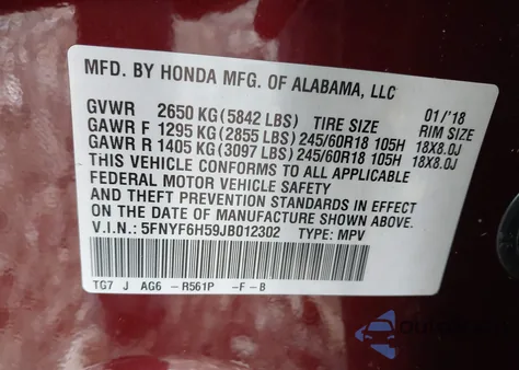 2018 Honda Pilot Ex-L из США, поврежденный, VIN 5FNYF6H59JB012302